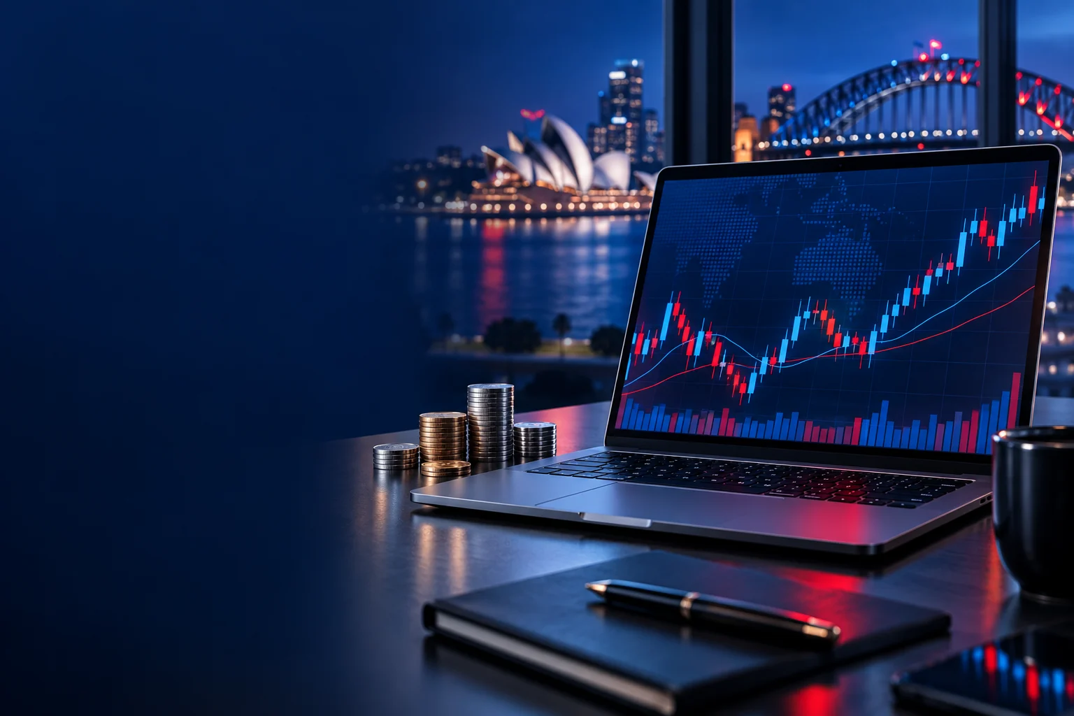 Espa&ccedil;o de trabalho de investimentos com um notebook exibindo gr&aacute;ficos financeiros